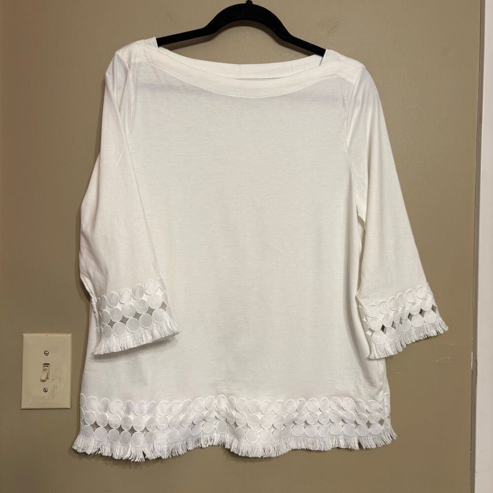 Talbots White Boatneck Blouse 3/4 Sleeve Crochet Lace Fringe Trim Petite Large